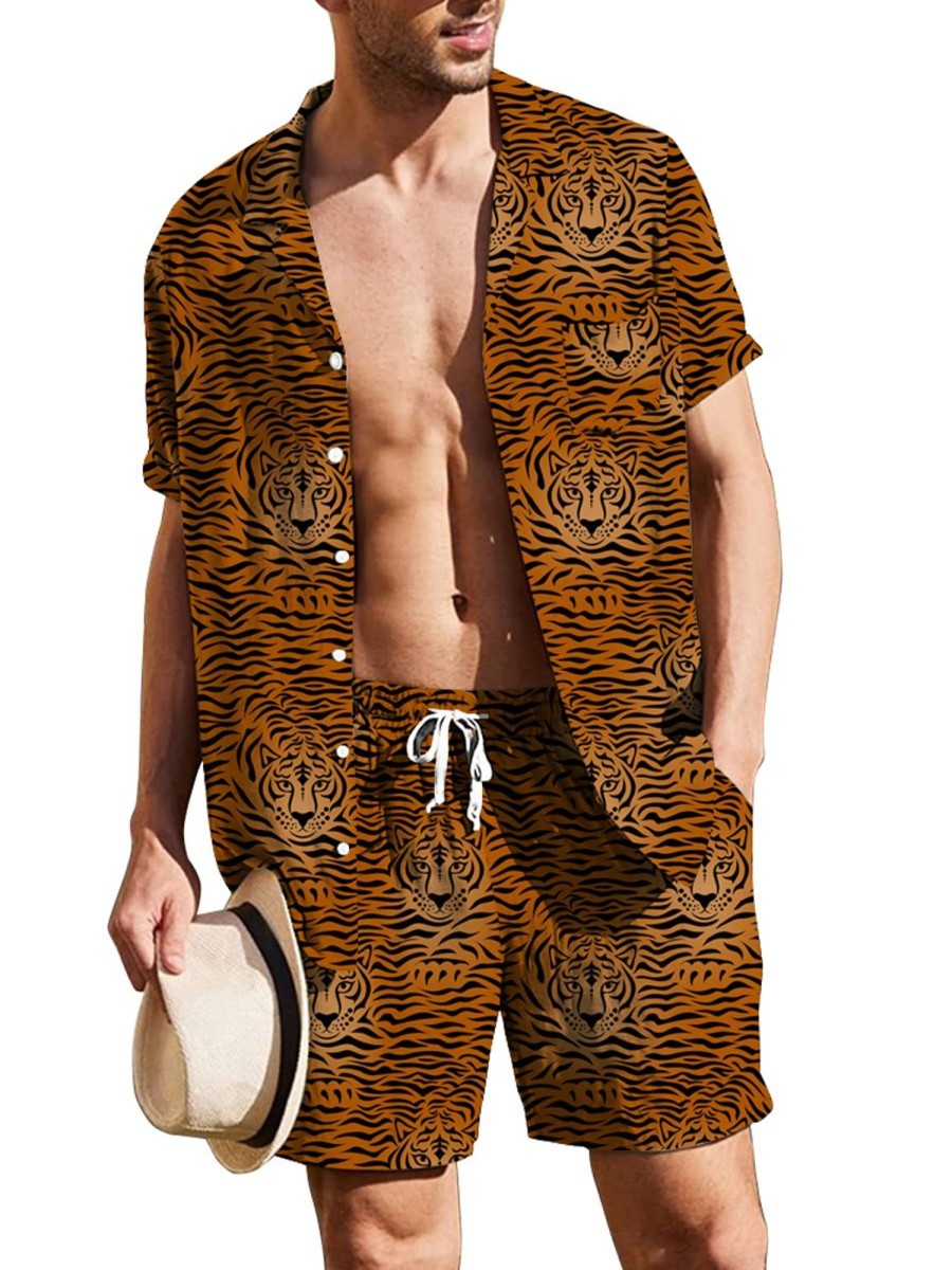 Men HLJ Set | Tiger Animal Print Holiday Lounge Set Brown