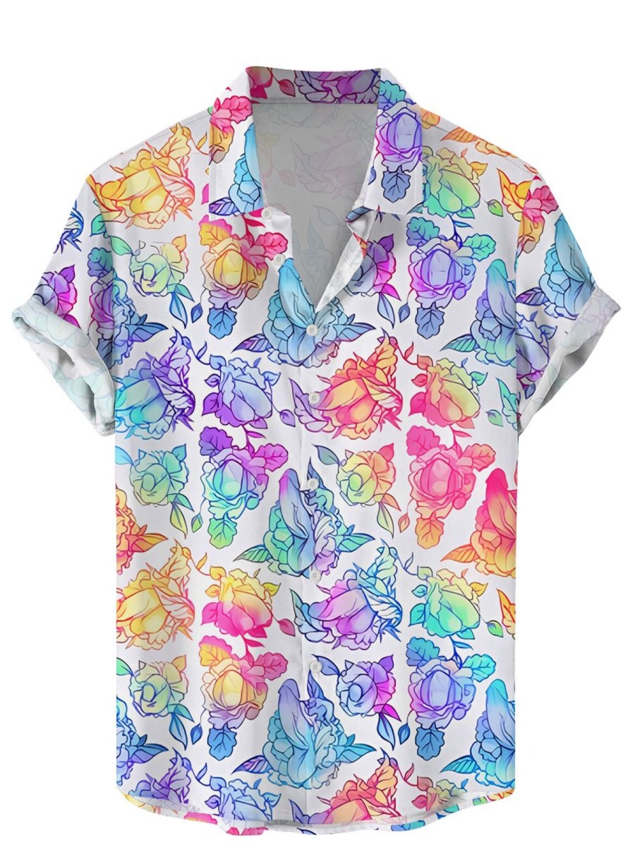 Men DJ Shirts | Colorful Blooming Cocks Print Hawaiian Short Sleeve Shirt Photo Color