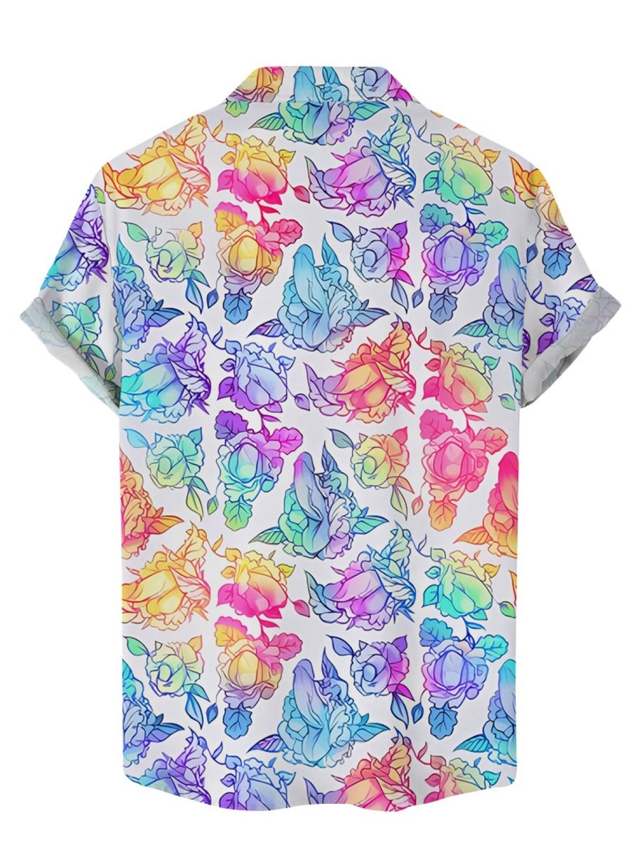 Men DJ Shirts | Colorful Blooming Cocks Print Hawaiian Short Sleeve Shirt Photo Color