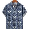 Men HLJ Shirts | Men'S Navy Blue Skull Rose Print Short Sleeve Shirt Dark Blue