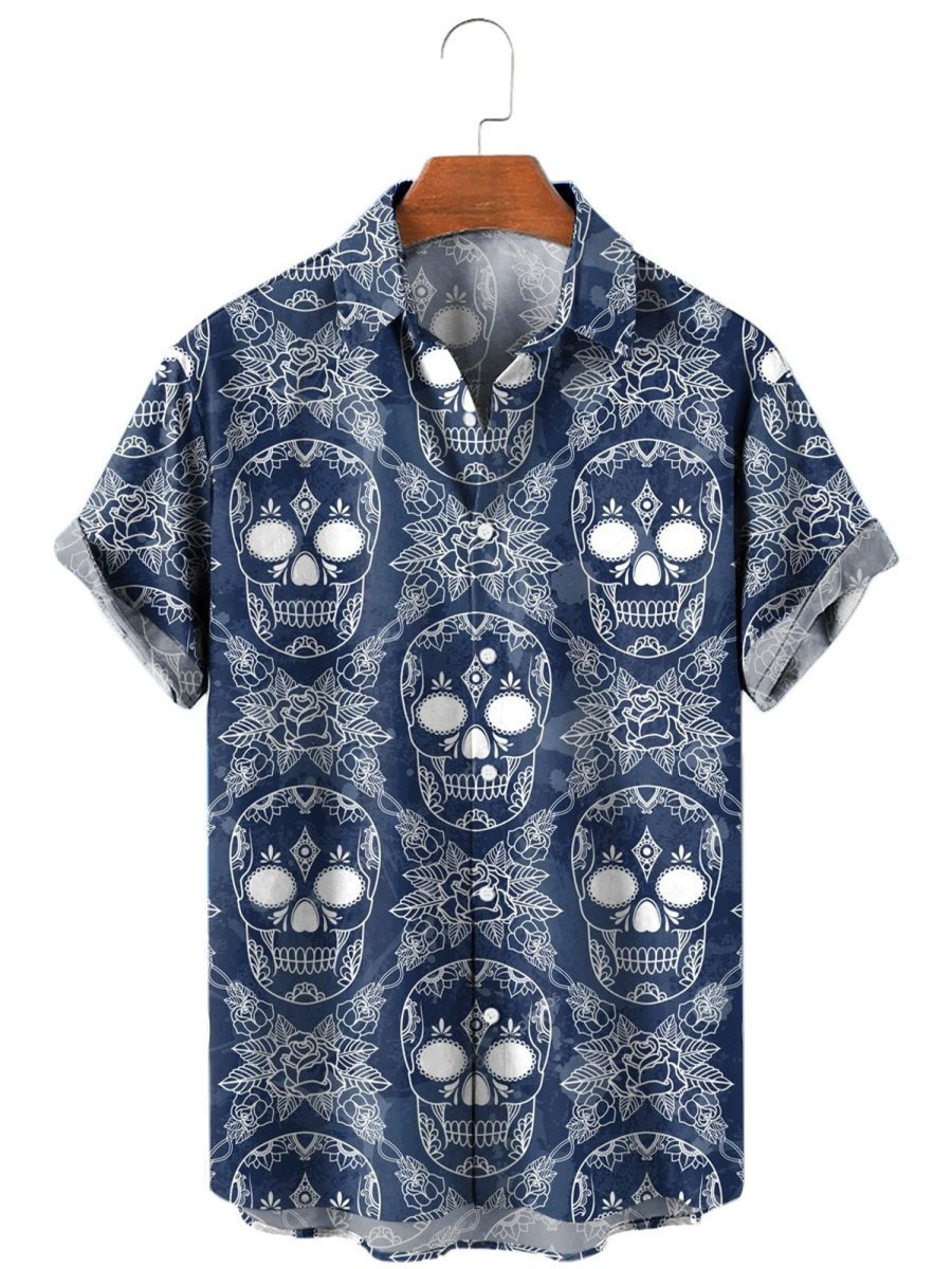 Men HLJ Shirts | Men'S Navy Blue Skull Rose Print Short Sleeve Shirt Dark Blue