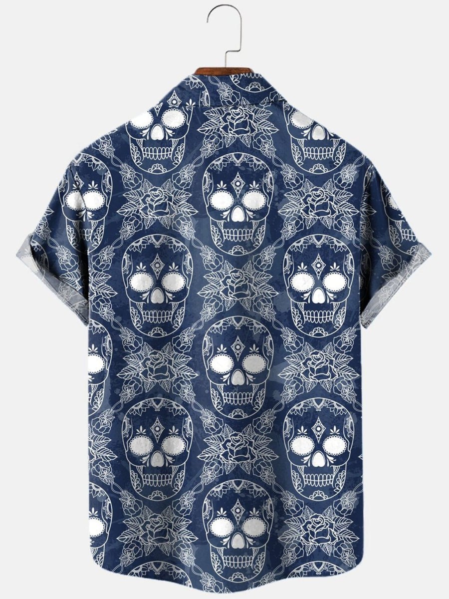 Men HLJ Shirts | Men'S Navy Blue Skull Rose Print Short Sleeve Shirt Dark Blue