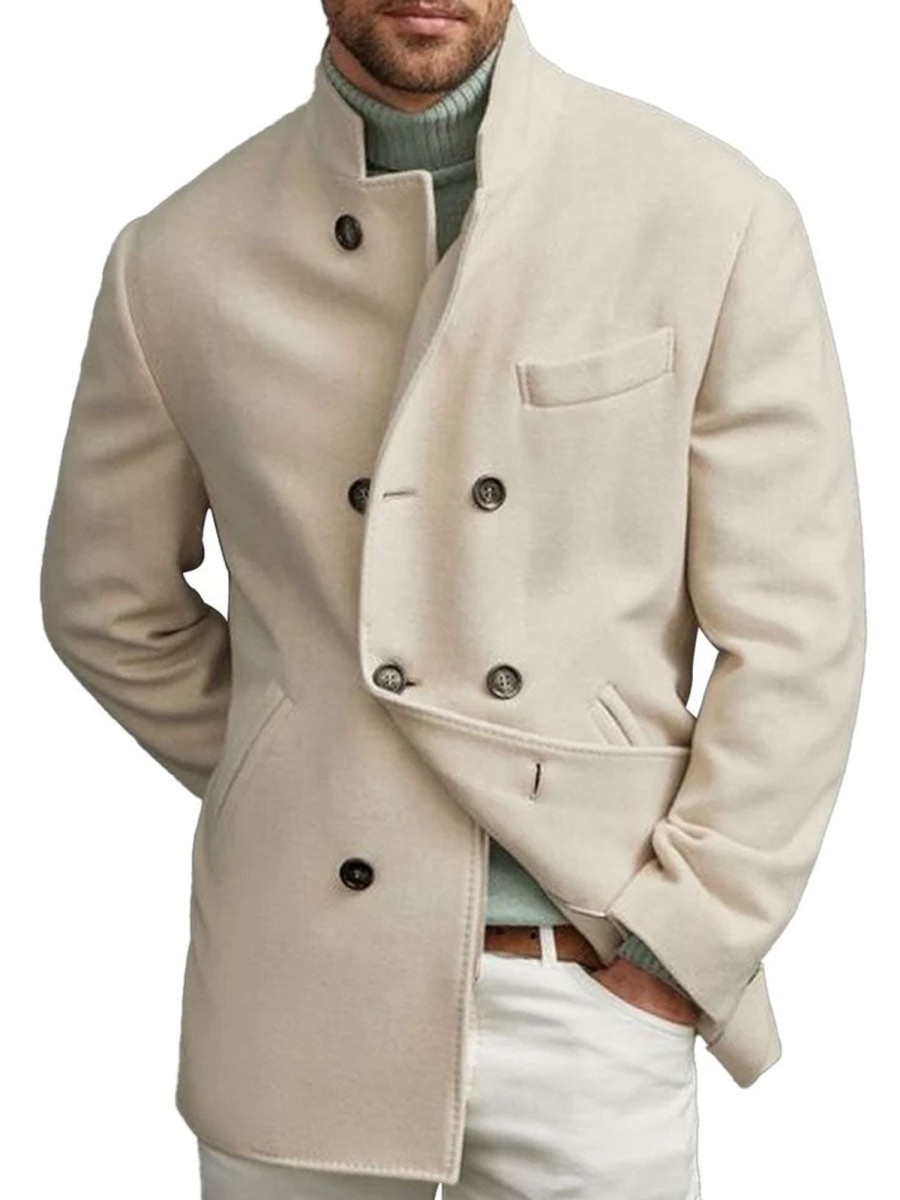 Men BXL Jacket | Retro Solid Color Wool Double-Breasted Multi-Pocket Casual Coat Beige