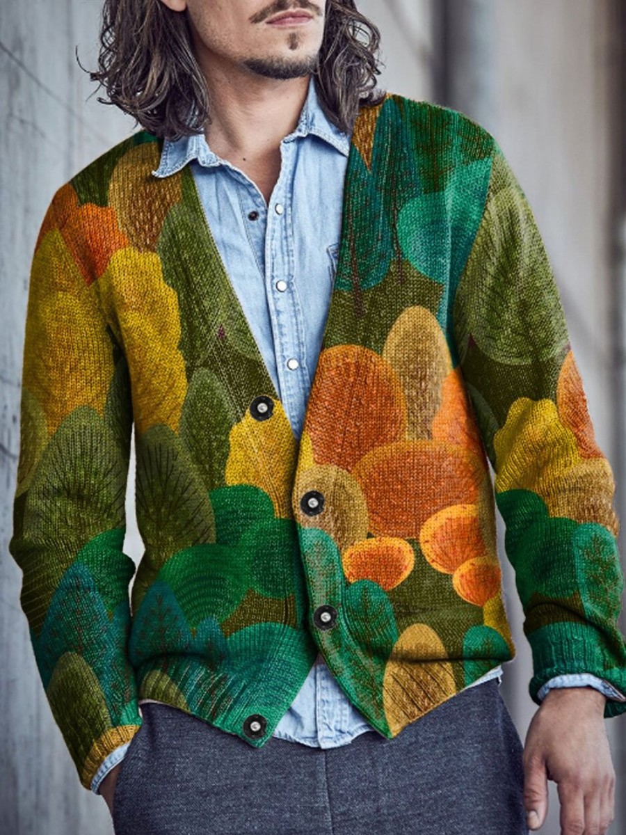 Men DJ Print Cardigan | Colorful Autumn Forest Print V-Neck Knitted Cardigan Photo Color