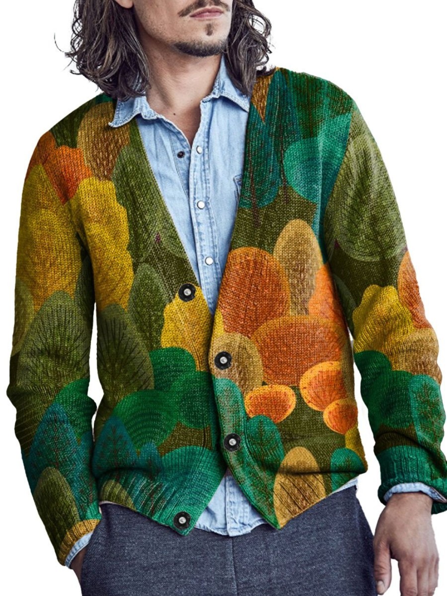 Men DJ Print Cardigan | Colorful Autumn Forest Print V-Neck Knitted Cardigan Photo Color