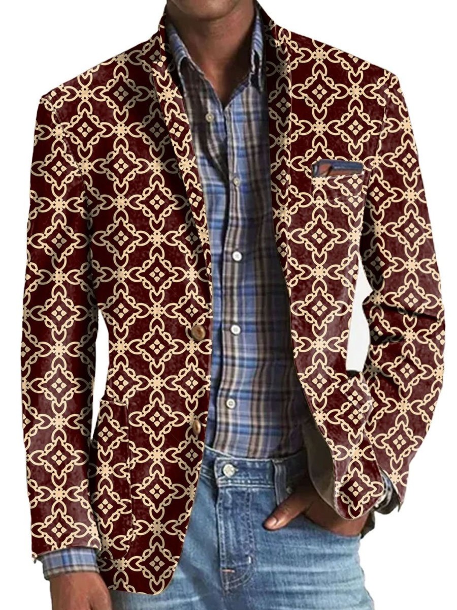 Men BXL Print Jacket | Men'S Retro Ethnic Geometric Print Pocket Casual Blazer Wine Red