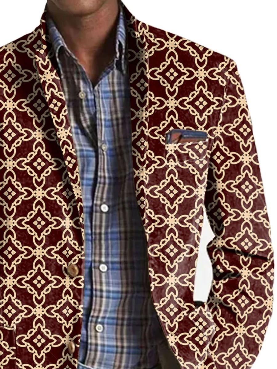 Men BXL Print Jacket | Men'S Retro Ethnic Geometric Print Pocket Casual Blazer Wine Red