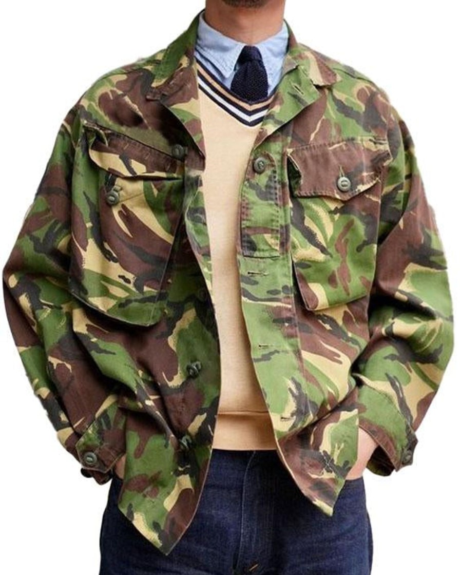 Men DJ Jacket | Lapel Double Pocket Loose Casual Camouflage Jacket Army Green