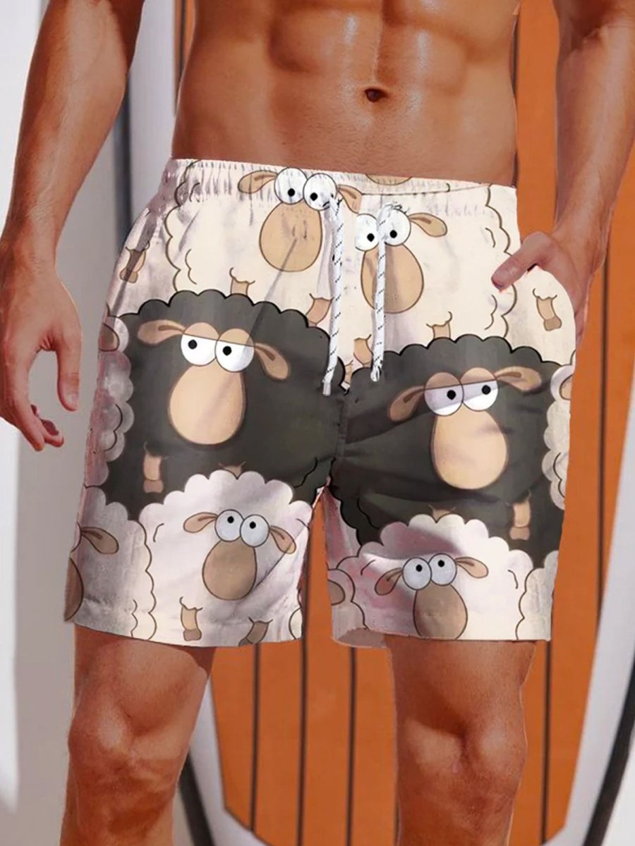 Men DJ Bottoms | Cartoon Style Flock Of Sheep And Black Sheep Printing Shorts Photo Color