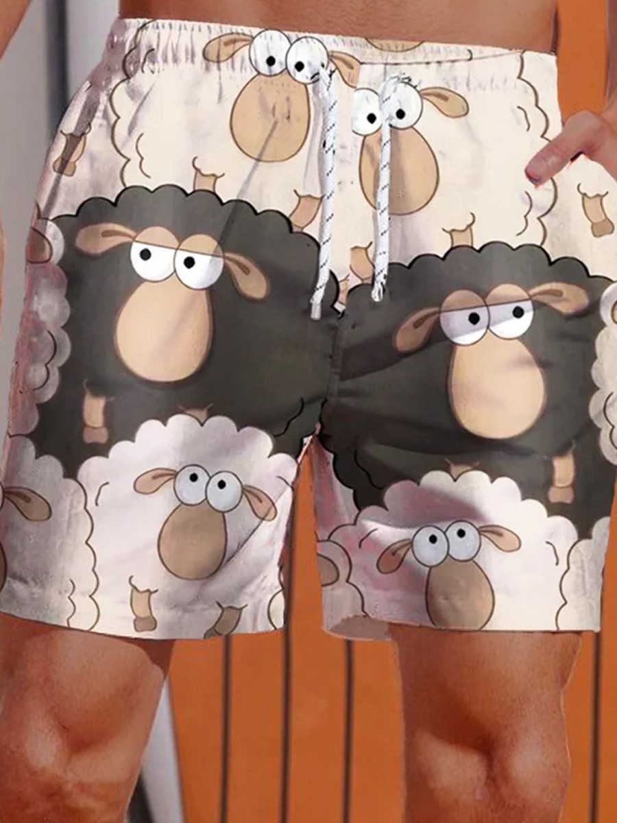 Men DJ Bottoms | Cartoon Style Flock Of Sheep And Black Sheep Printing Shorts Photo Color