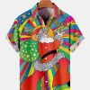 Men DJ Shirts | Christmas Hippie Santa Print Short Sleeve Shirt Photo Color