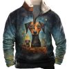 Men BXL T-Shirts | Men'S Starry Sky Animal Dog Print Pocket Zipper Fleece Collar Sweatshirt Black