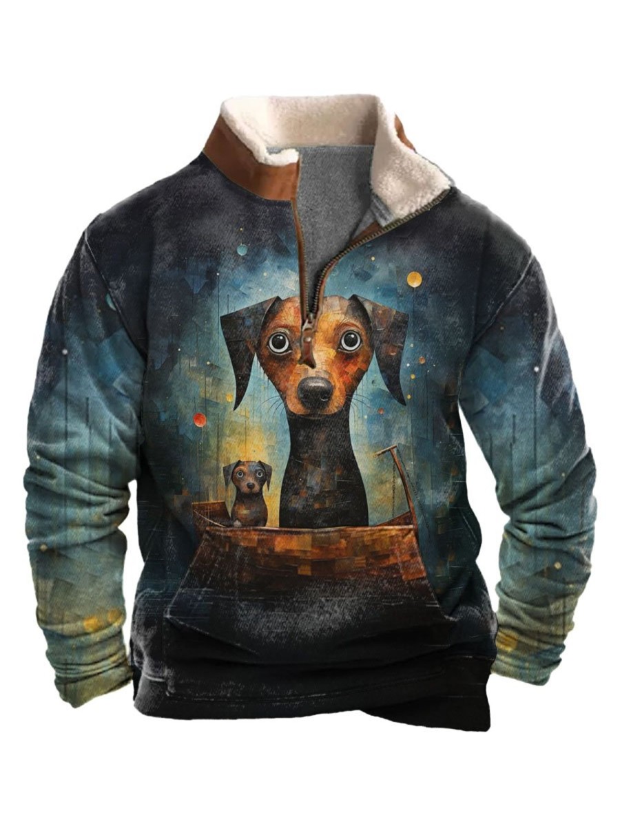 Men BXL T-Shirts | Men'S Starry Sky Animal Dog Print Pocket Zipper Fleece Collar Sweatshirt Black