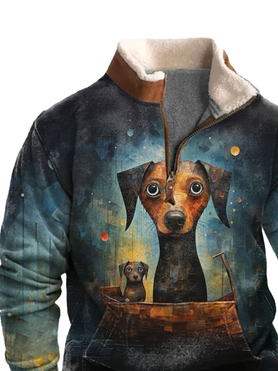 Men BXL T-Shirts | Men'S Starry Sky Animal Dog Print Pocket Zipper Fleece Collar Sweatshirt Black