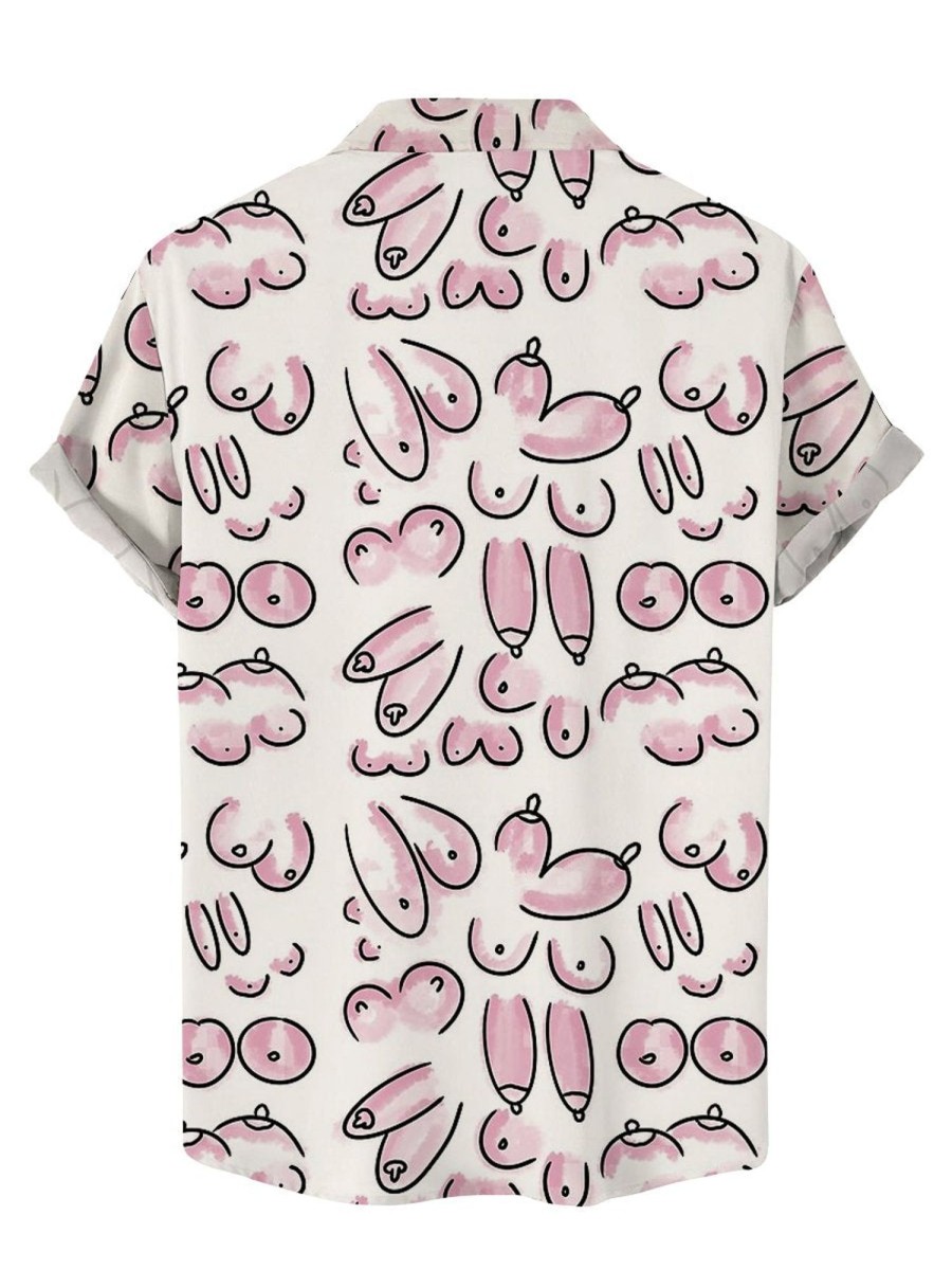 Men DJ Shirts | Ladies Chest Print Casual Short Sleeve Shirt Pink