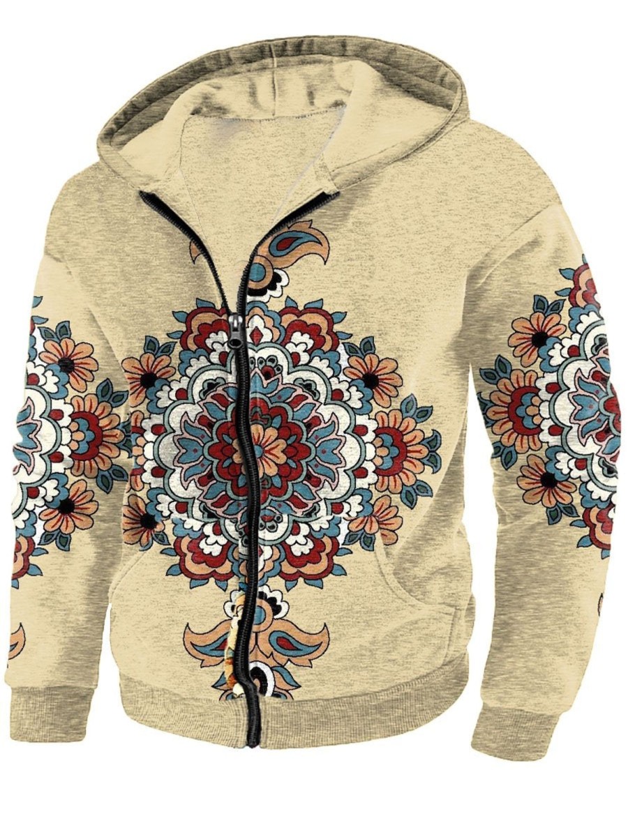 Men DJ T-Shirts | Vintage Ethnic Floral Print Pocket Hooded Sweatshirt Khaki