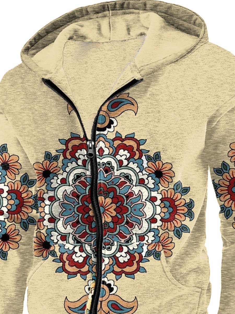 Men DJ T-Shirts | Vintage Ethnic Floral Print Pocket Hooded Sweatshirt Khaki