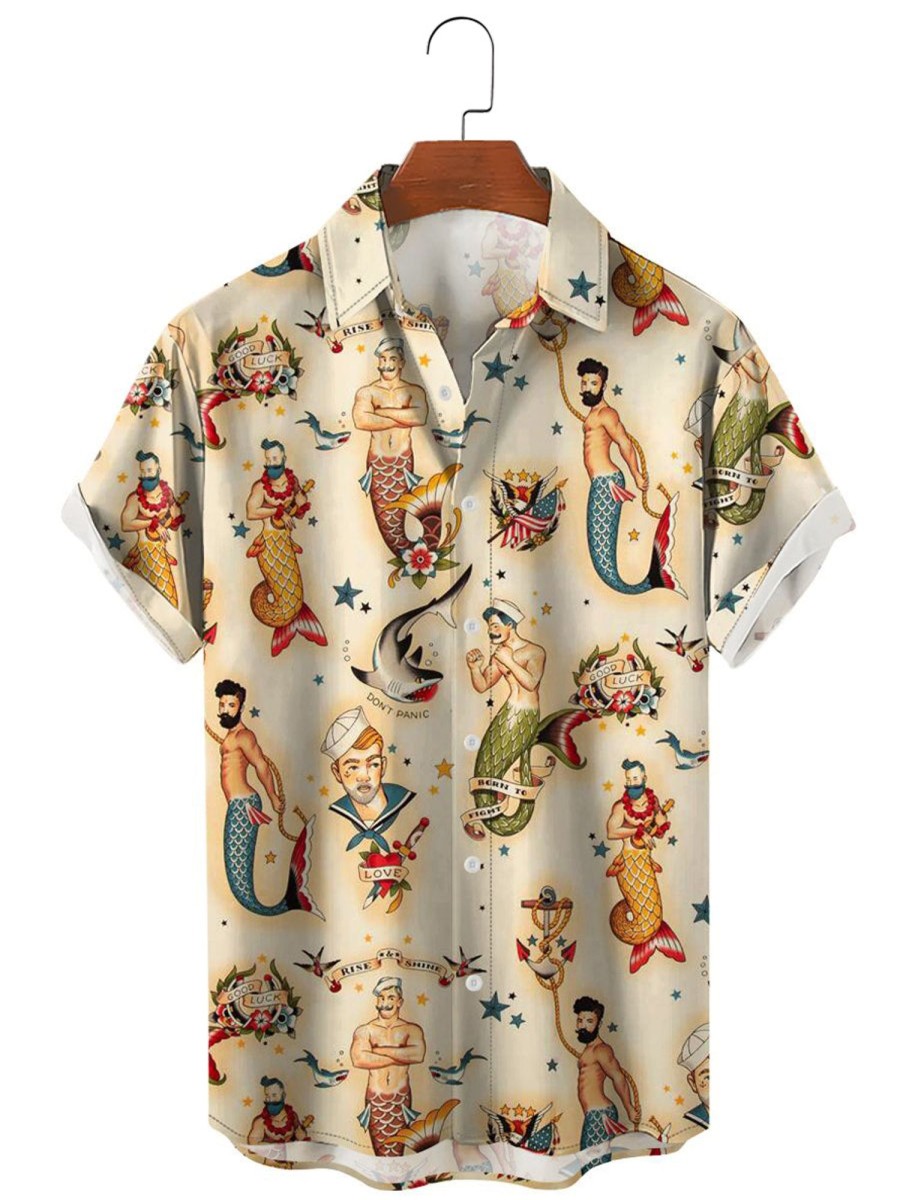 Men HLJ Shirts | Vintage Mermaid Breathable Casual Hawaiian Shirt