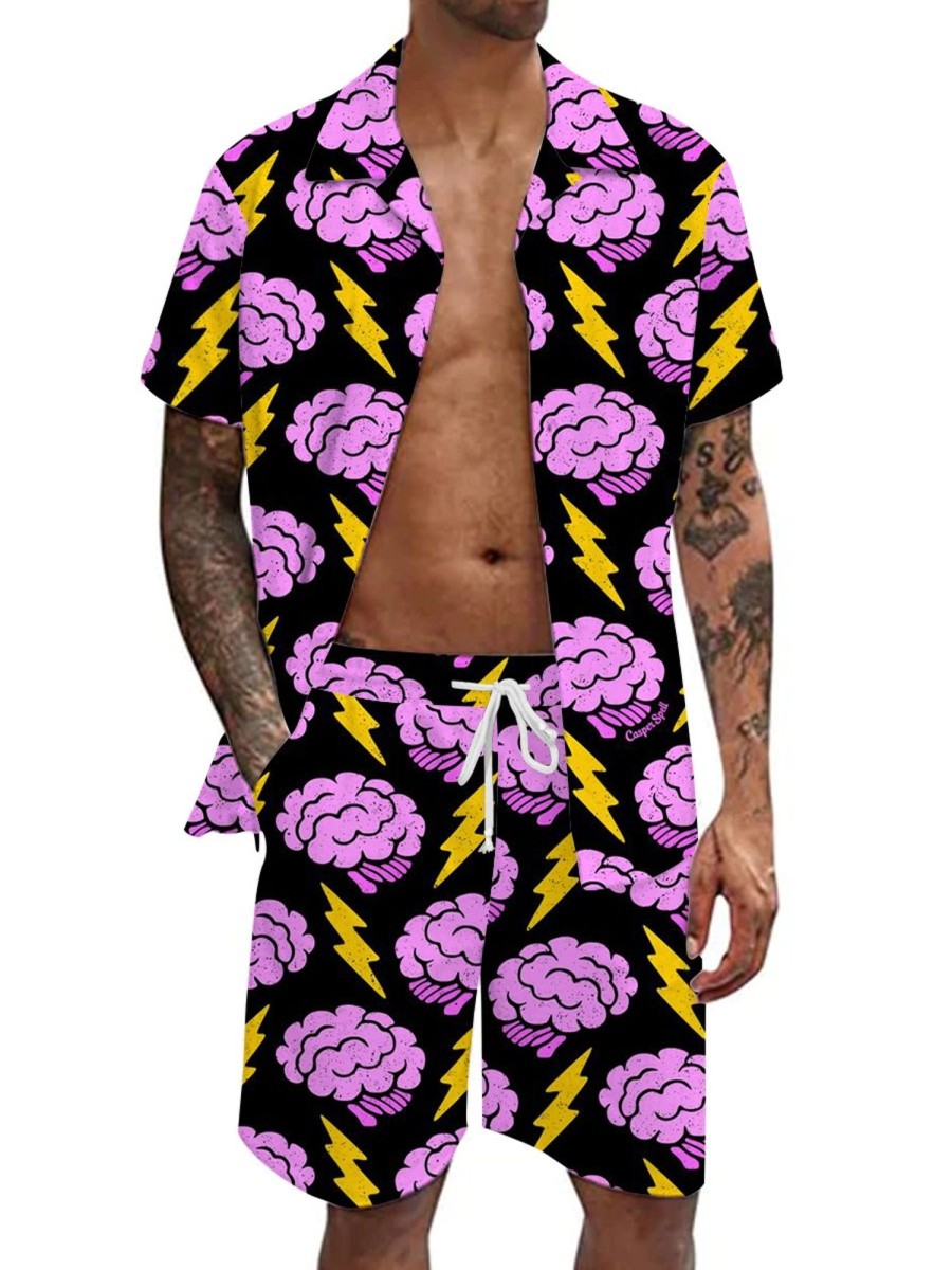 Men GYJ Set | Cloud Lightning Print Short-Sleeved Shirt And Shorts Two-Piece Set Pink