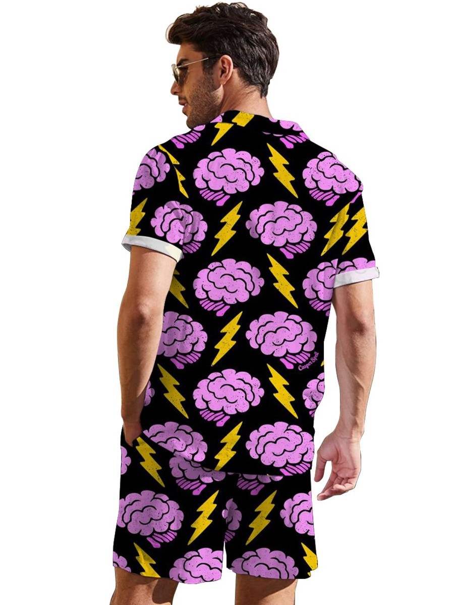 Men GYJ Set | Cloud Lightning Print Short-Sleeved Shirt And Shorts Two-Piece Set Pink