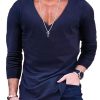 Men DJ Casual Shirts | V-Neck Solid Color Casual Long-Sleeved T-Shirt Navy Blue