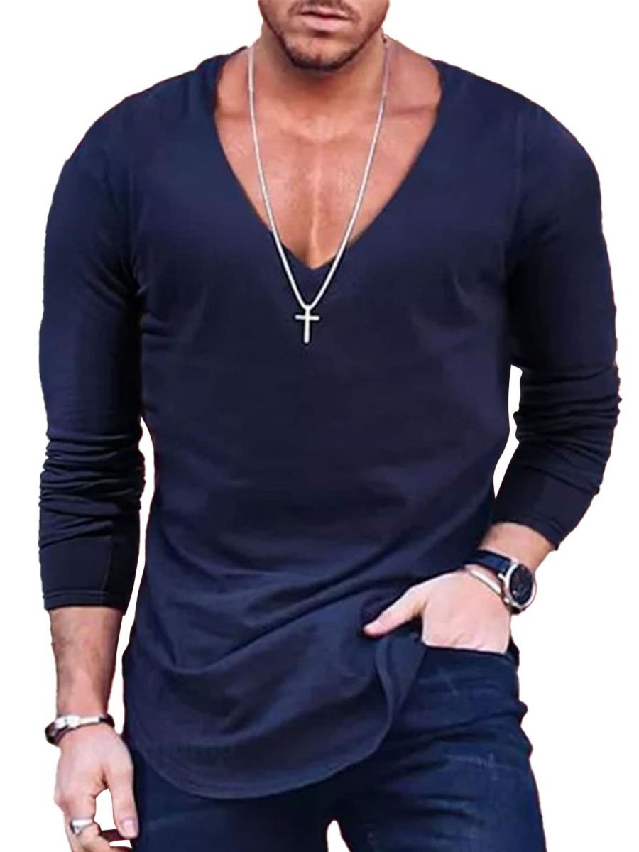 Men DJ Casual Shirts | V-Neck Solid Color Casual Long-Sleeved T-Shirt Navy Blue