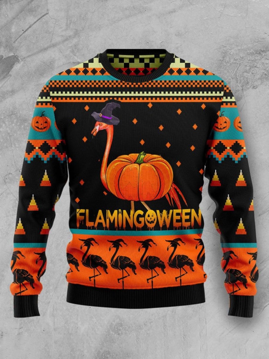 Men DJ Ugly Sweater | Halloween Pumpkin Flamingo Print Crewneck Sweatshirt Photo Color