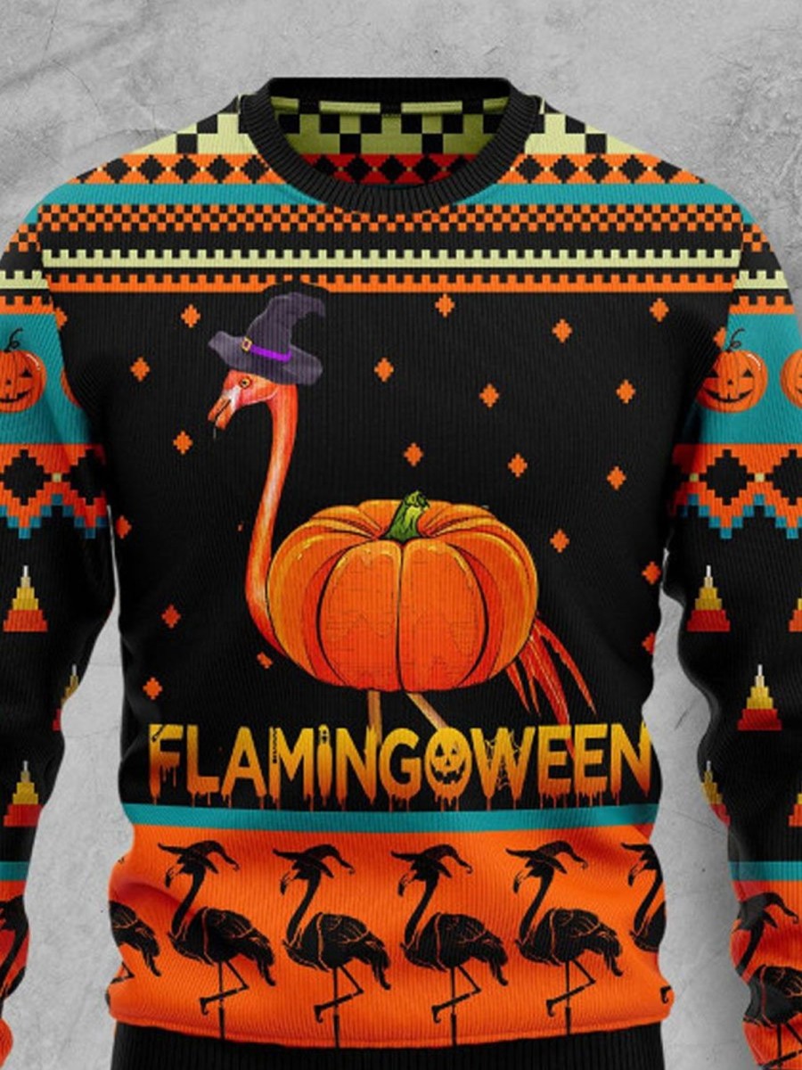 Men DJ Ugly Sweater | Halloween Pumpkin Flamingo Print Crewneck Sweatshirt Photo Color