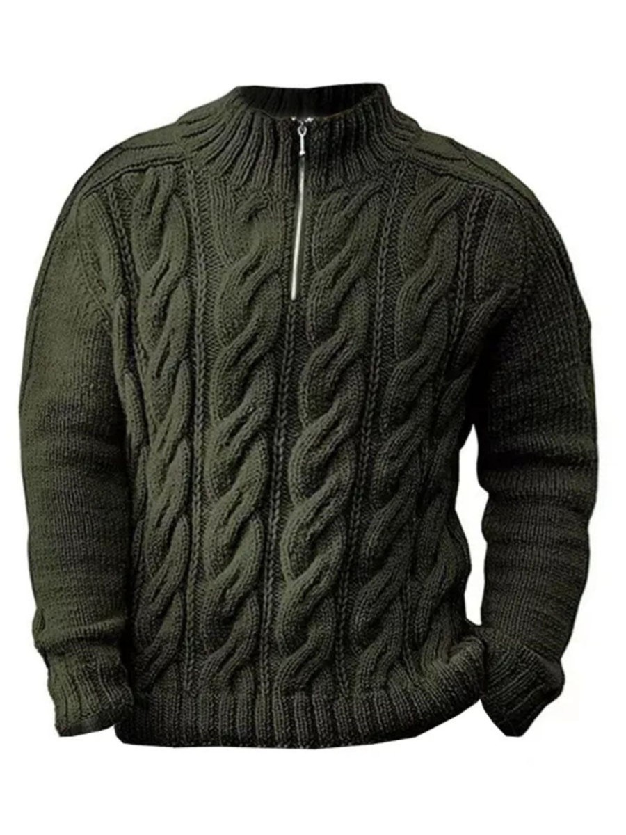 Men DJ Sweater | Stand Collar Zipper Solid Color Knitted Sweater Army Green