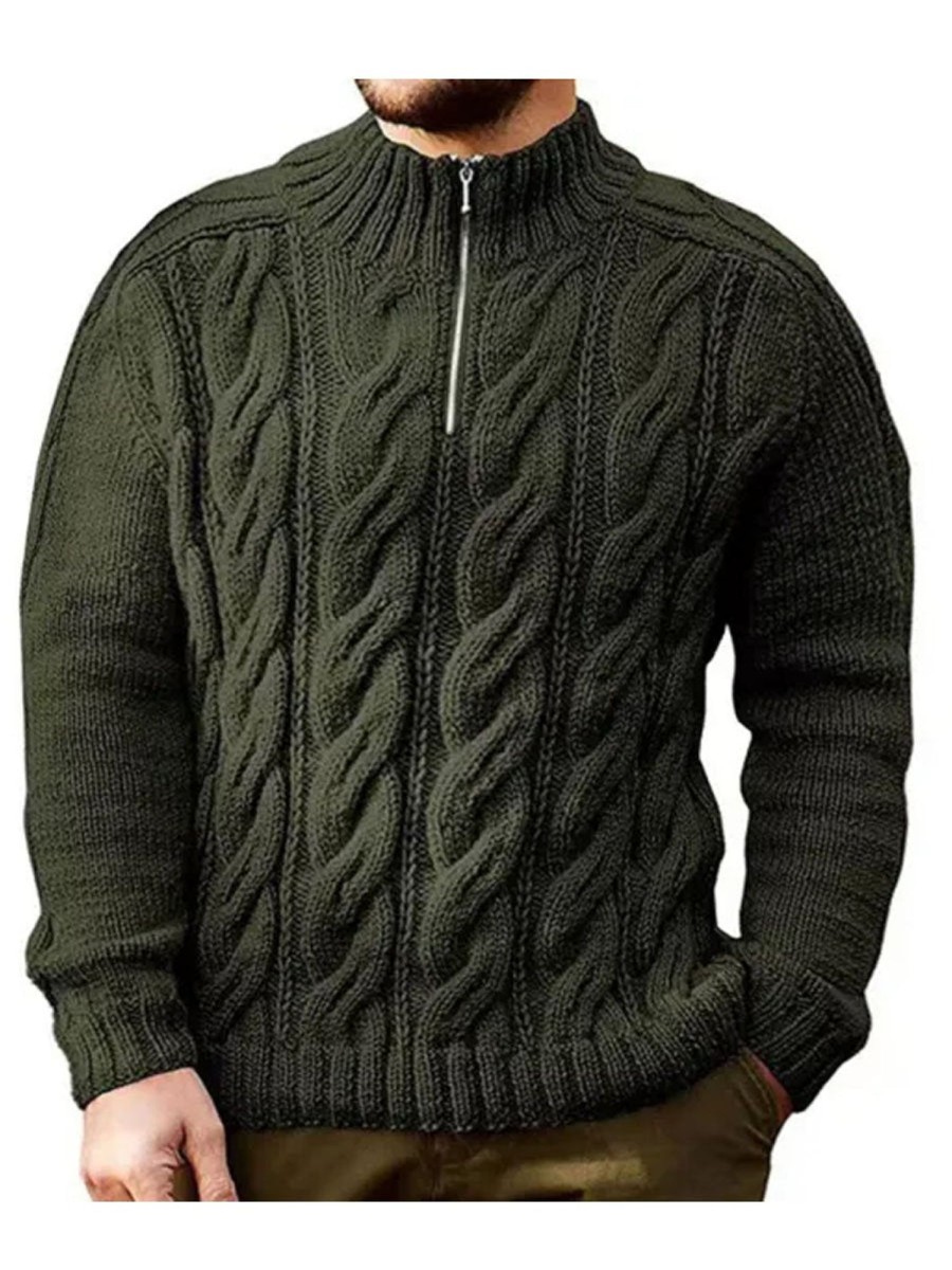 Men DJ Sweater | Stand Collar Zipper Solid Color Knitted Sweater Army Green