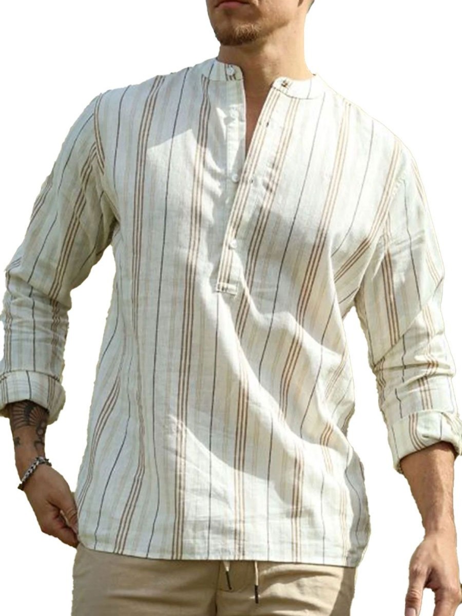 Men TH Casual Shirts | Men'S Casual Striped Long Sleeve Shirt Khaki