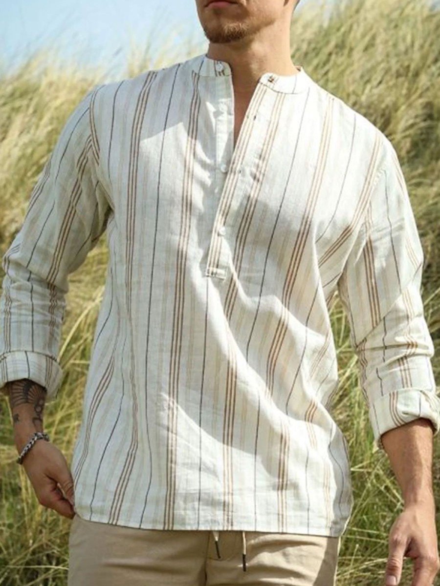 Men TH Casual Shirts | Men'S Casual Striped Long Sleeve Shirt Khaki