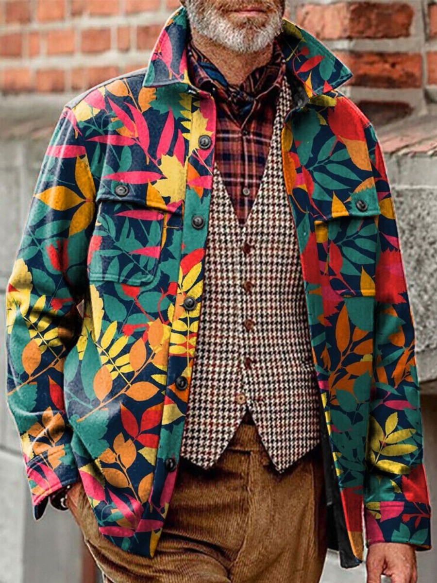 Men BXL Jacket | Men'S Casual Multicolor Vintage Leaf Lapel Pocket Jacket Photo Color