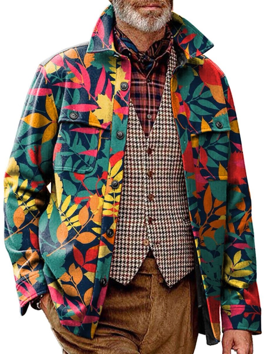 Men BXL Jacket | Men'S Casual Multicolor Vintage Leaf Lapel Pocket Jacket Photo Color