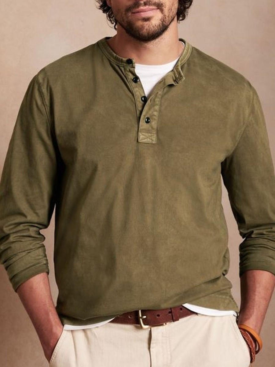 Men DJ Casual Long Sleeve Shirts | Half Open Collar Retro Casual Long Sleeve T-Shirt Army Green