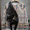 Men DJ Print Sweater | Retro Ethnic Cat Print Crew Neck Pullover Sweater Photo Color