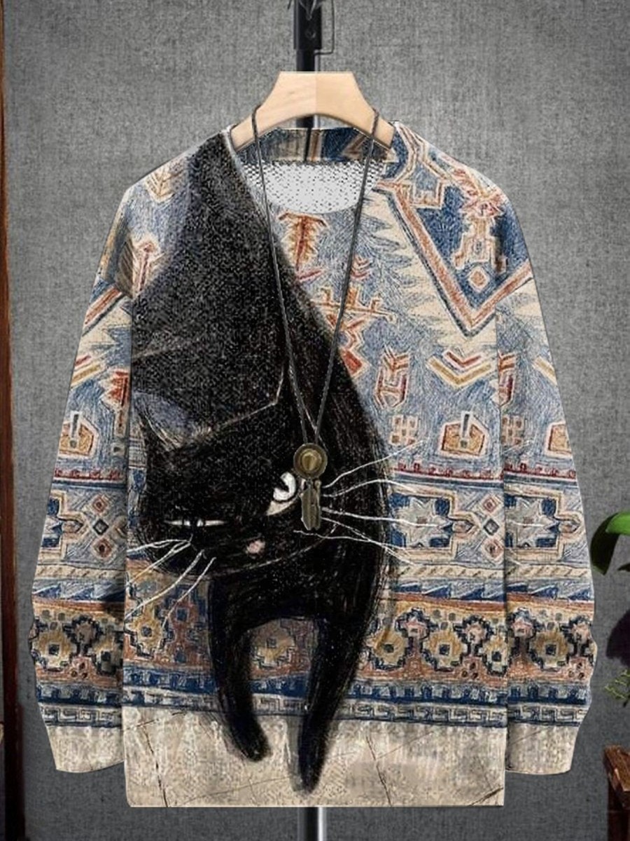 Men DJ Print Sweater | Retro Ethnic Cat Print Crew Neck Pullover Sweater Photo Color