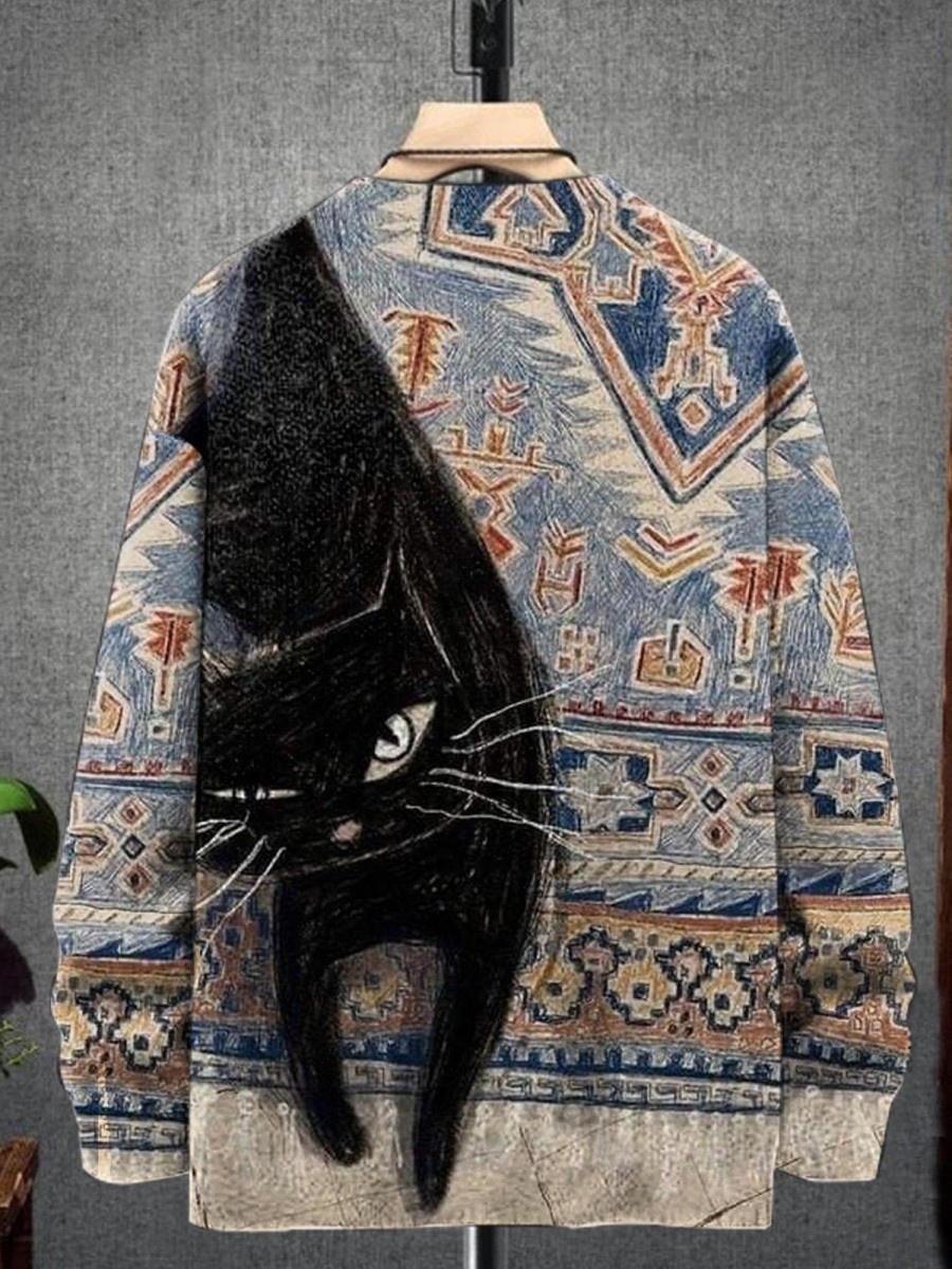 Men DJ Print Sweater | Retro Ethnic Cat Print Crew Neck Pullover Sweater Photo Color