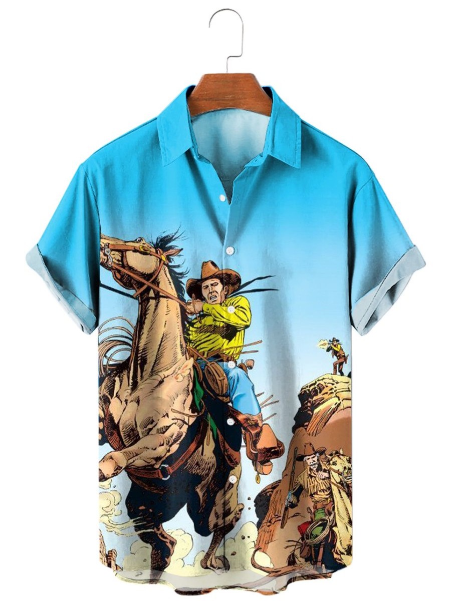 Men HLJ Shirts | Superhero Western Denim Short Sleeve Shirt Sky Blue