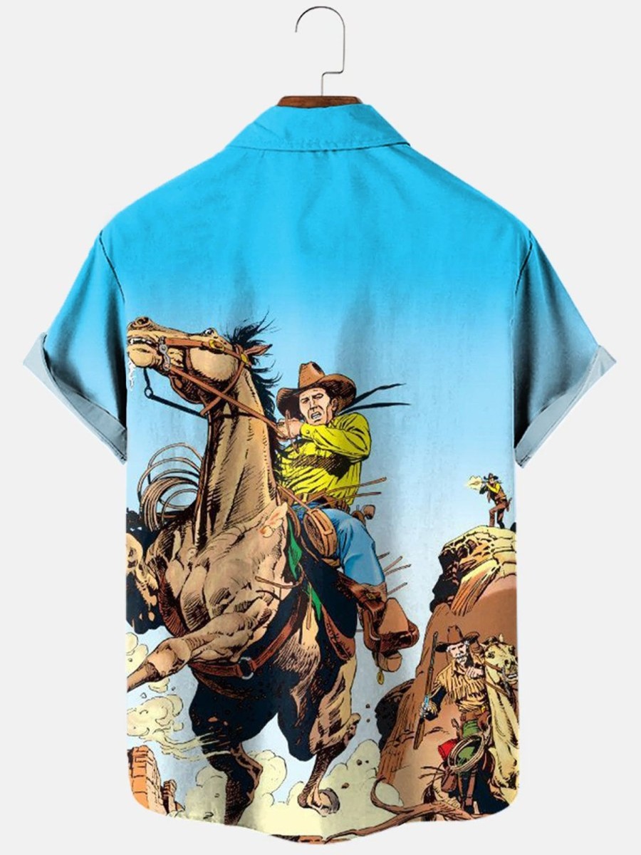 Men HLJ Shirts | Superhero Western Denim Short Sleeve Shirt Sky Blue