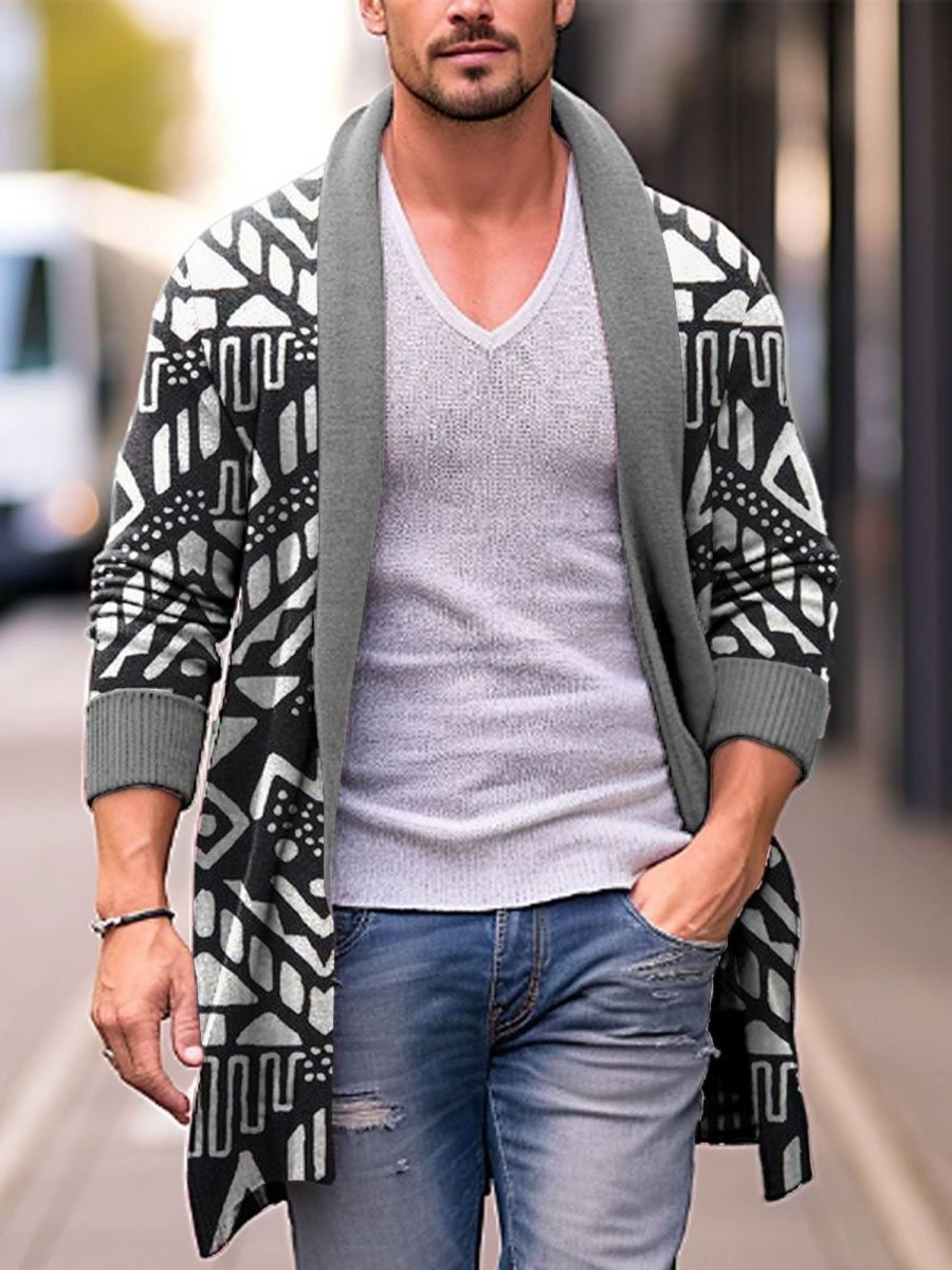 Men BXL Print Cardigan | Men'S Geometric Print Sweater Cardigan 36943626Xl Black