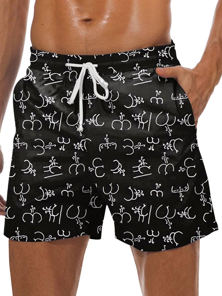 Men DJ Bottoms | Funny Fart Stick Figure Print Pocket Shorts Black