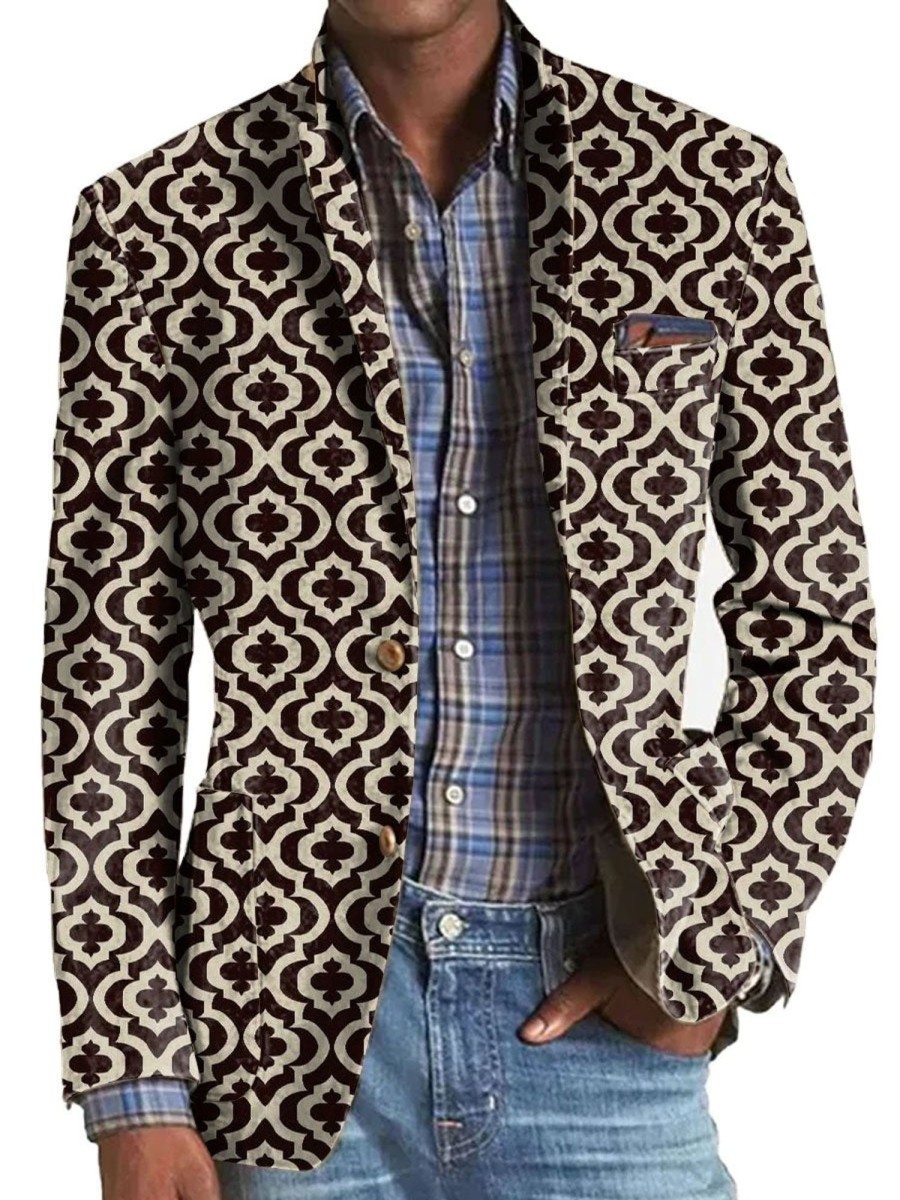 Men DJ Print Jacket | American Retro Geometric Print 3 Pocket Lapel Casual Blazer Photo Color