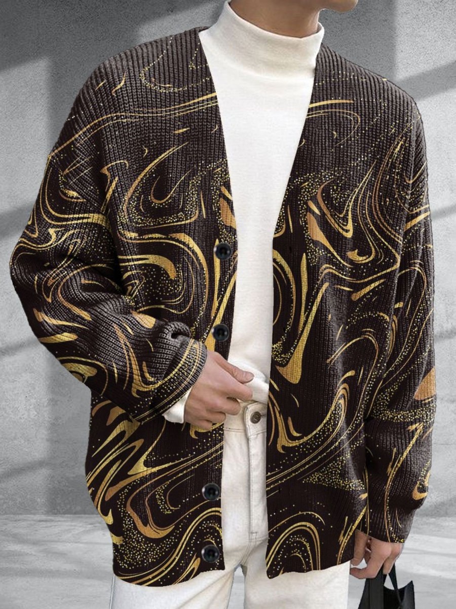 Men BXL Print Cardigan | Men'S Casual Retro Gold Marble Pattern Button Knitted Cardigan Brown