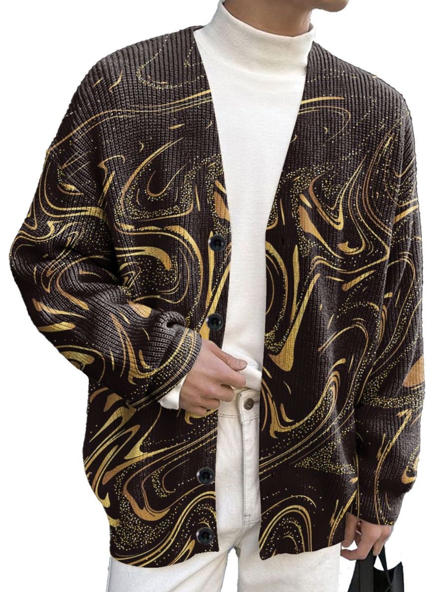 Men BXL Print Cardigan | Men'S Casual Retro Gold Marble Pattern Button Knitted Cardigan Brown