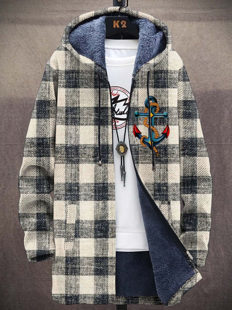 Men DJ Jacket | Vintage Classic Plaid And Anchor Print Pocket Hooded And Fleece Casual Jacket Photo Color