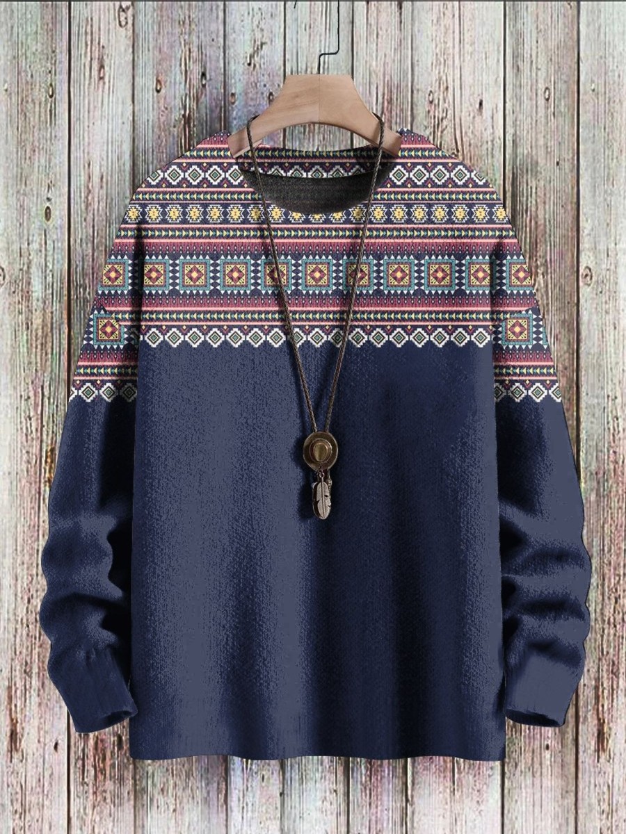 Men LJC Print Sweater | Retro Ethnic Print Casual Knitted Pullover Sweater Photo Color