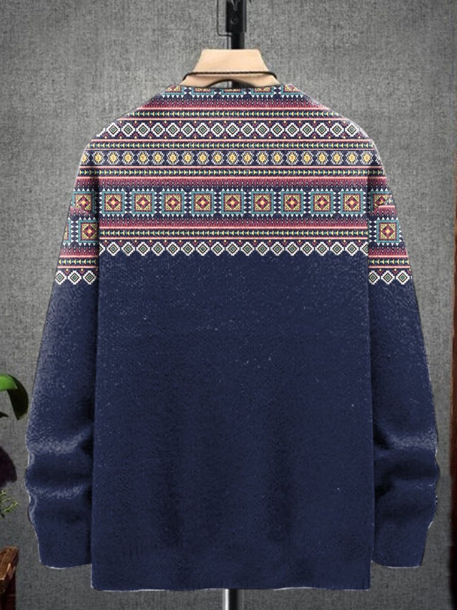 Men LJC Print Sweater | Retro Ethnic Print Casual Knitted Pullover Sweater Photo Color