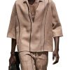 Men BXL Set | Men'S Cotton And Linen Striped Short-Sleeved Shirt Shorts Casual Suit Sand Color