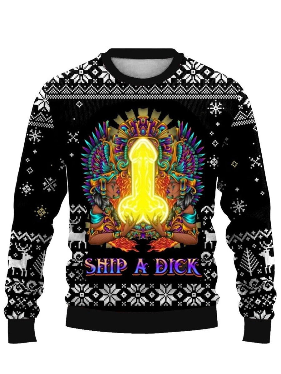 Men DJ Ugly Sweater | Cocks Print Casual Crew Neck Sweatshirt Photo Color